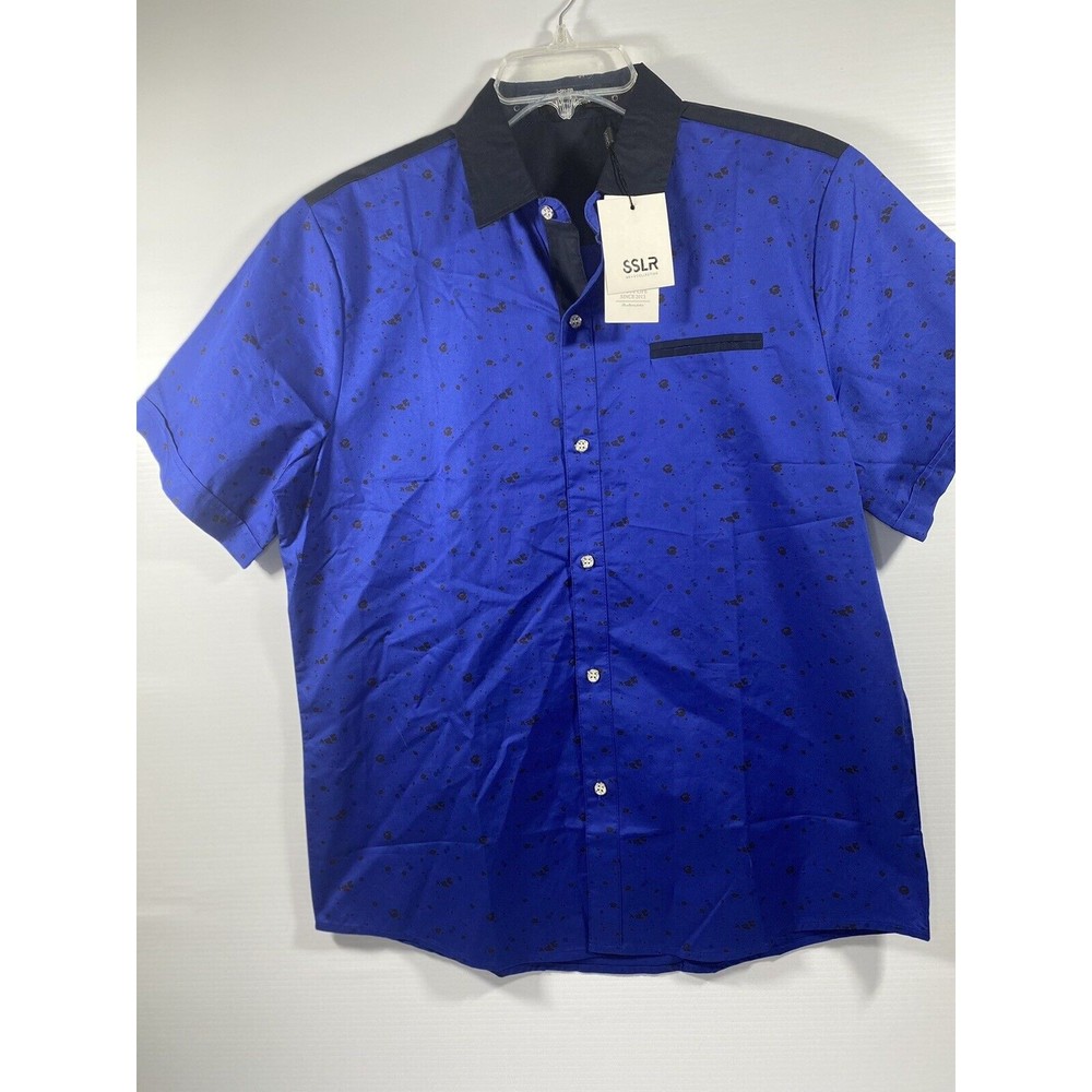 SSLR Mens Dress Shirt Casual Cotton Print Blue Short Sleeve Button Up Shirt Med